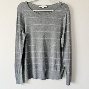 Ann Taylor LOFT NWT Sparkle Stripes Shoulder Zipper Gray Long Sleeve Sweater L